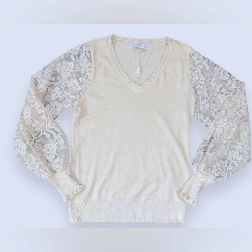 SIANI CRÈME SWEATER LACE, BEADED BALLOON SLEEVES - Size MED- NWT